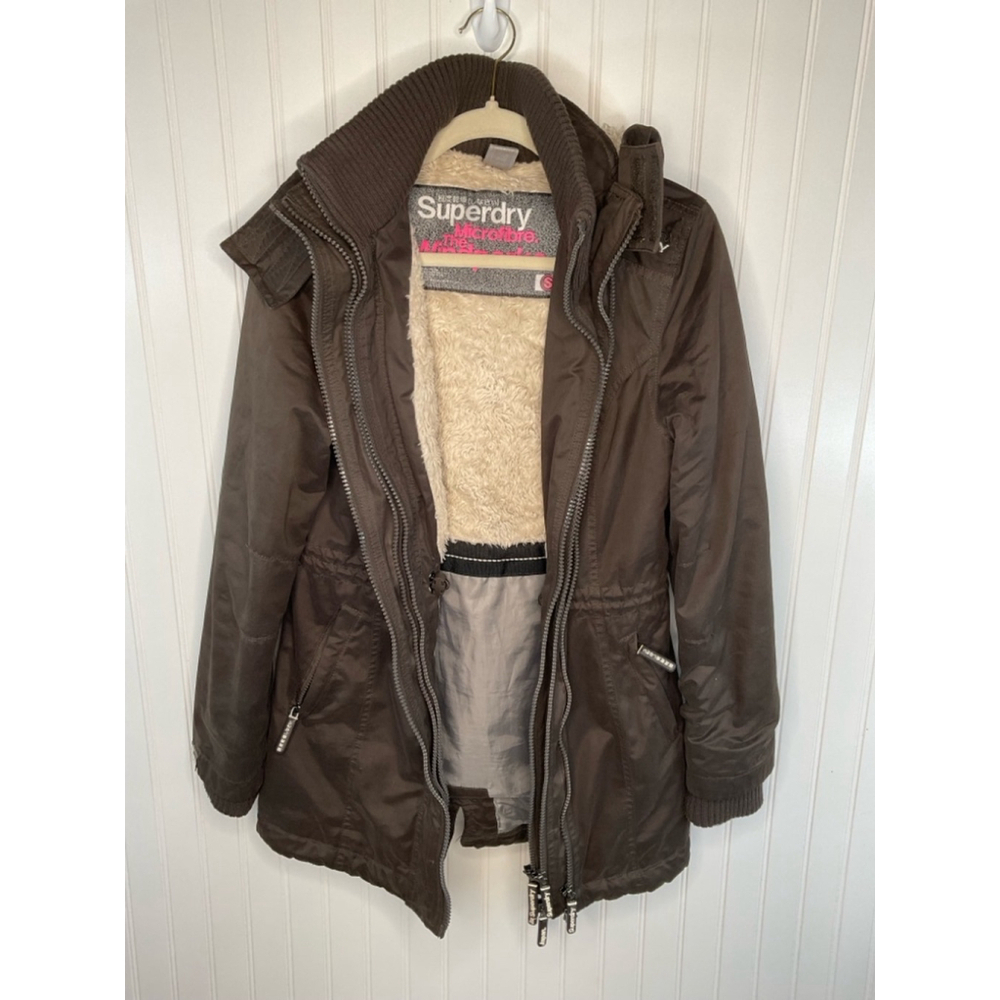 Women's Superdry Wind Parka Coat, Size S, olive Brown. No fur trim on hood - Picture 2 of 9